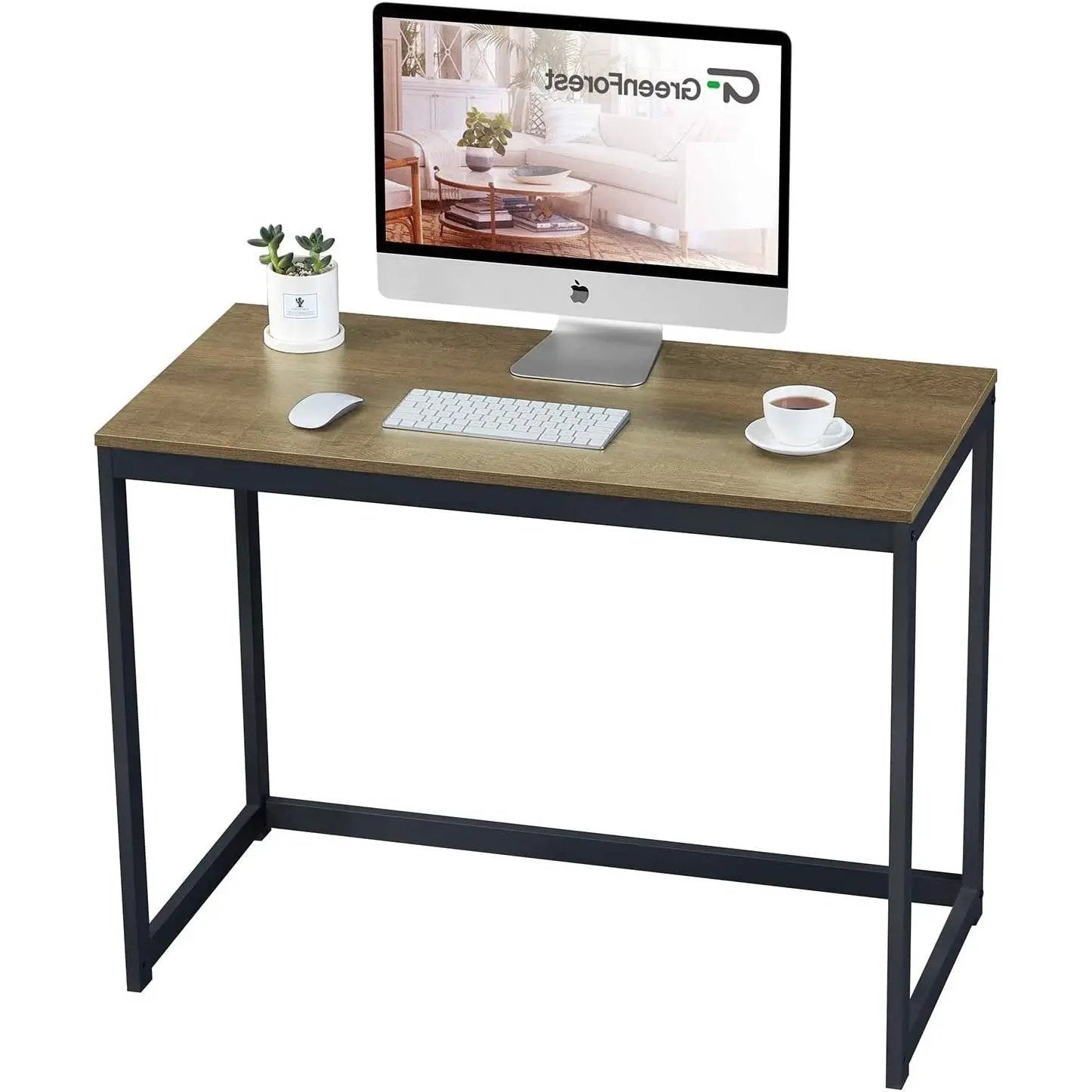 Small Home Office Modern Laptop Computer Desk Table Metal Frame Brown Wood Top by HomePacific