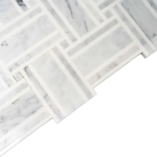 White Gray 12x12 Polished Basketweave Thassos Bianco Carrara Marble Mosaic Tile (5 pack, 4.83 sq ft/case), photo 2 of 5