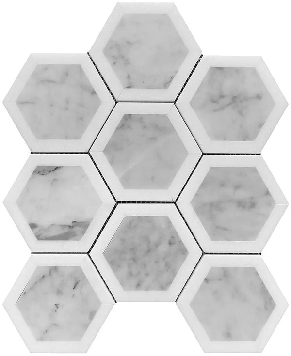 White Gray 10x12 Polished Hexagon Bianco Carrara Thassos Marble Mosaic Tile (5 pack, 4.34 sq ft/case), photo 2 of 4