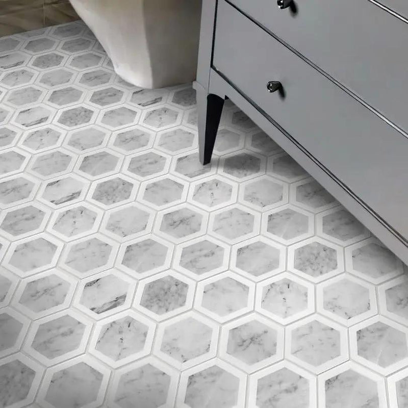 White Gray 10x12 Polished Hexagon Bianco Carrara Thassos Marble Mosaic Tile (5 pack, 4.34 sq ft/case) by Apollo Tile