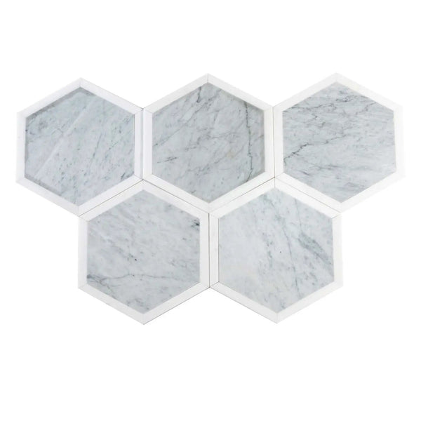 Carrrara Grey, Thassos White 12x12 Polished Hexagon Marble Mosaic Tile (5 pack, 4.3 sq ft/case), photo 2 of 5