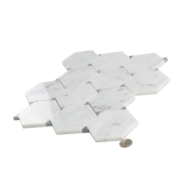 Cotton White 11x12 Polished Hexagon Bianco Carrara Bardiglio Marble Mosaic Tile (5 pack, 4.73 sq ft/case), photo 2 of 7
