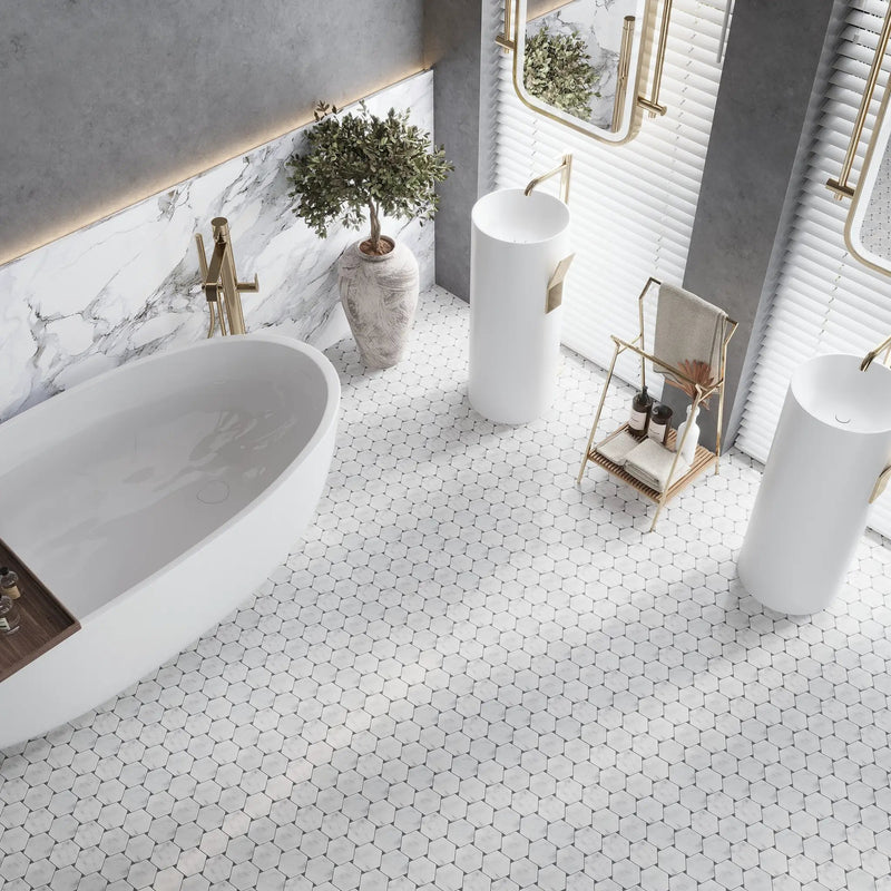 Cotton White 11x12 Polished Hexagon Bianco Carrara Bardiglio Marble Mosaic Tile (5 pack, 4.73 sq ft/case) by Apollo Tile