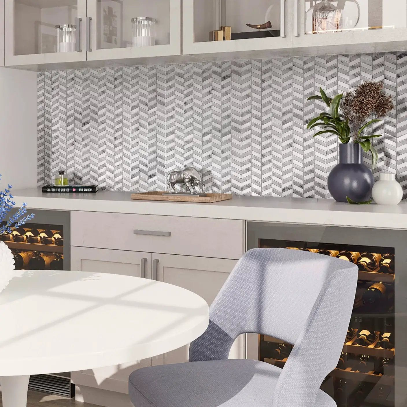 Carrara Gray, Eastern White 11x13 Polished Herringbone Marble Mosaic Tile (5 pack, 5.15 sq ft/case) by Apollo Tile