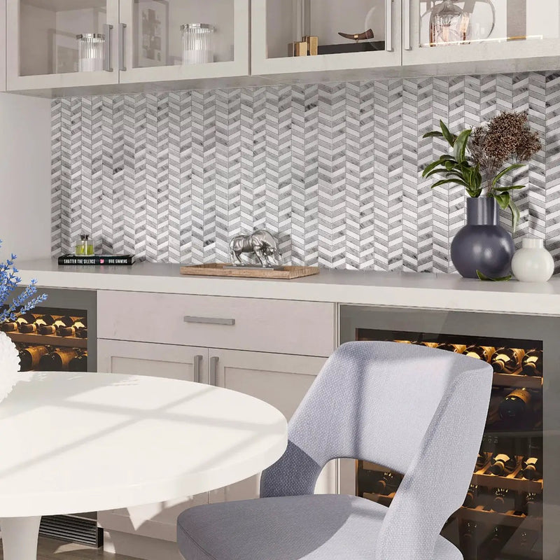 Carrara Gray, Eastern White 11x13 Polished Herringbone Marble Mosaic Tile (5 pack, 5.15 sq ft/case) by Apollo Tile