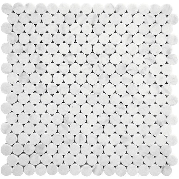 White 11x12 Honed Penny Round Bianco Carrara Marble Mosaic Tile (5 pack, 4.83 sq ft/case), photo 2 of 3