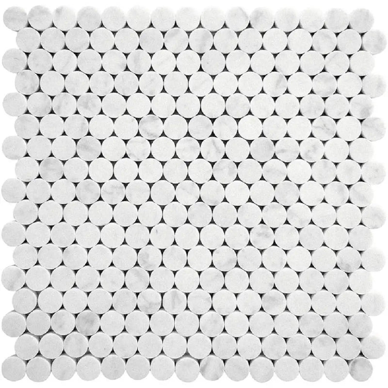White 11x12 Honed Penny Round Bianco Carrara Marble Mosaic Tile (5 pack, 4.83 sq ft/case) by Apollo Tile