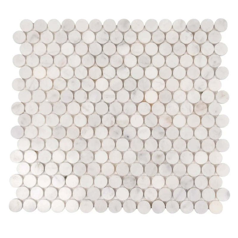 White 11x12 Polished Penny Round Bianco Carrara Marble Mosaic Tile (5 pack, 4.82 sq ft/case) by Apollo Tile
