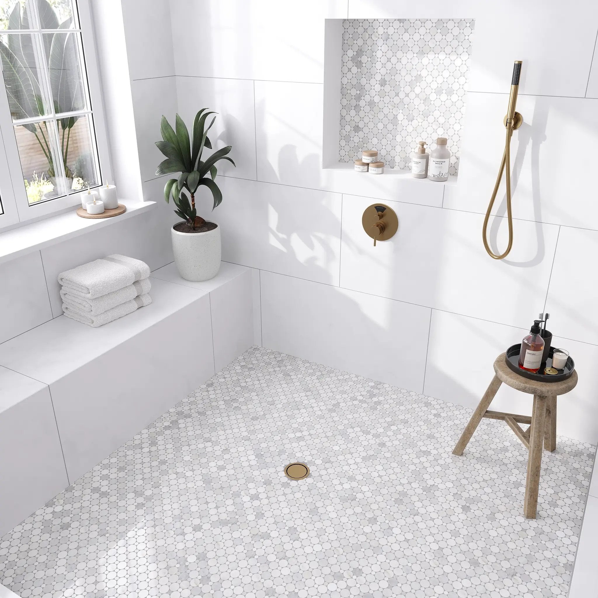 Oriental White 12x12 Polished Penny Round Marble Mosaic Tile (5 pack, 4.83 sq ft/case) by Apollo Tile