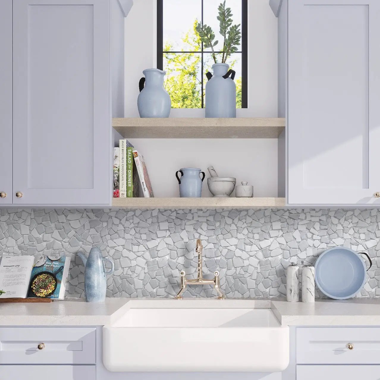 White Gray 11x11 Polished Marble Pebble Mosaic Tile (5 pack, 4.2 sq ft/case) by Apollo Tile