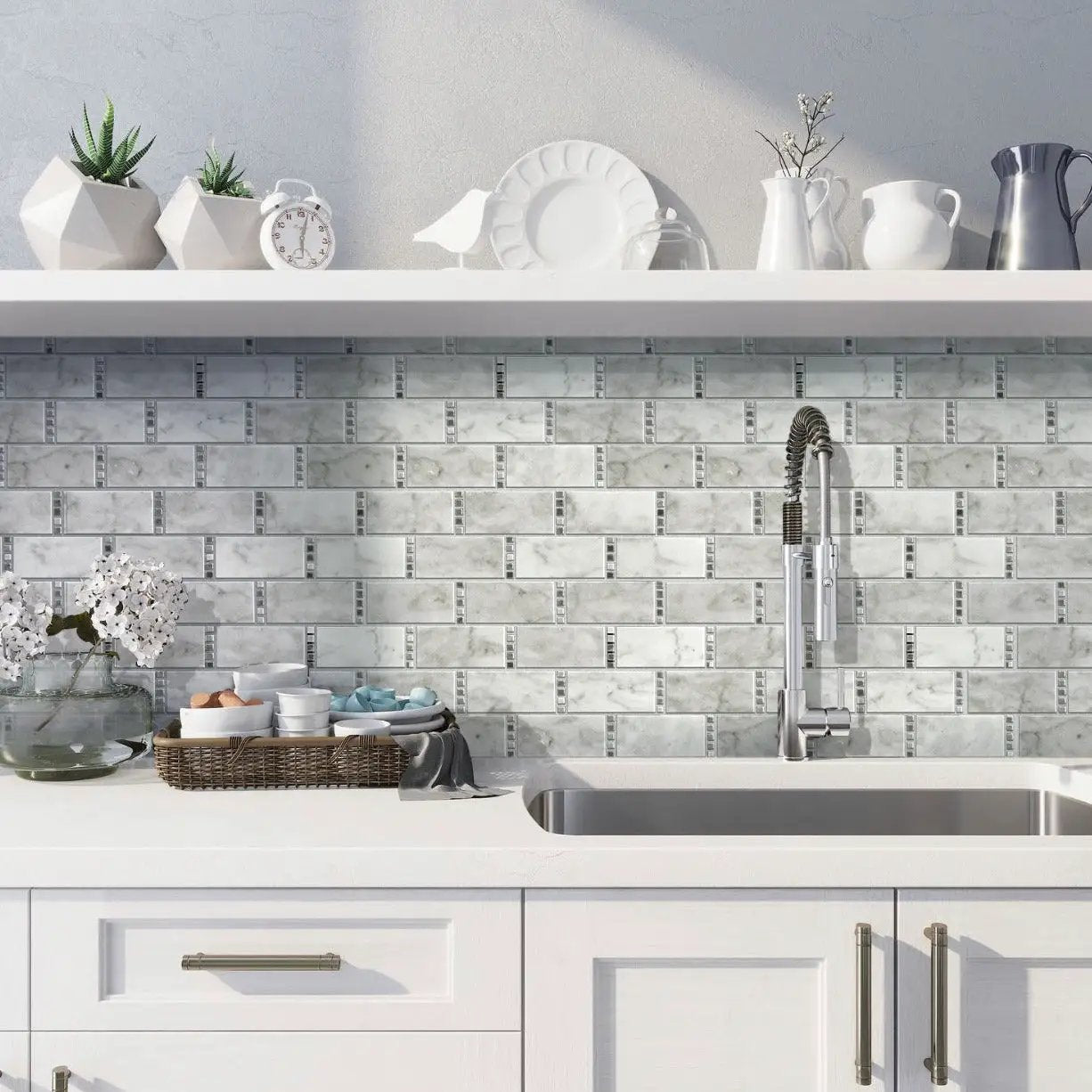 White 12x13 Polished Marble Mosaic Tile (5 pack, 5.28125 sq ft/case) by Apollo Tile