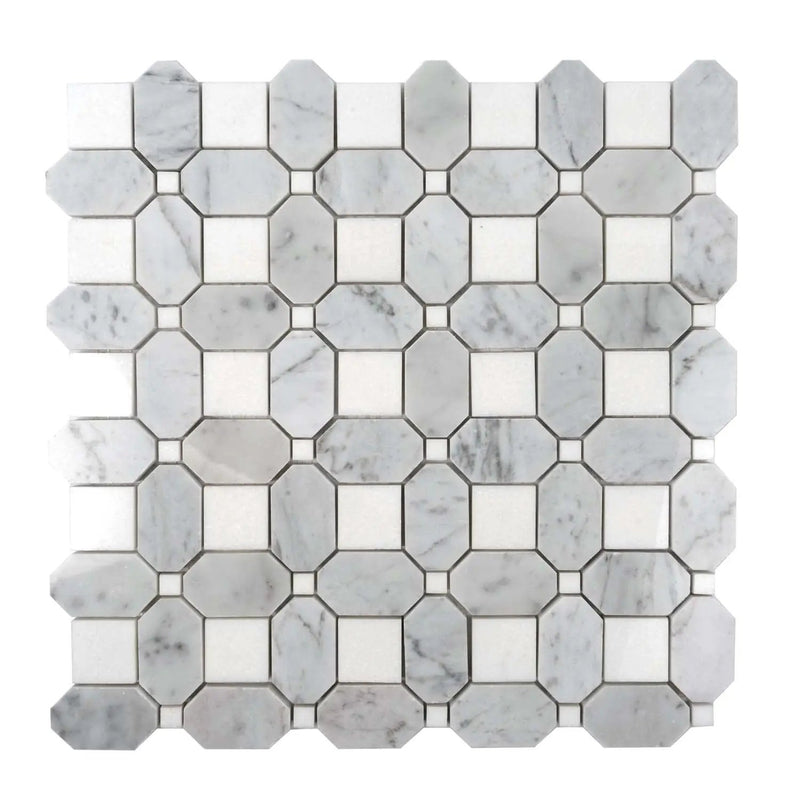 White Gray 12x12 Polished Multi-shaped Thassos Bianco Carrara Marble Mosaic Tile (5 pack, 5.17 sq ft/case) by Apollo Tile