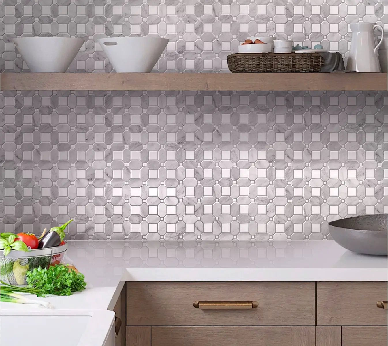 White Gray 12x12 Polished Multi-shaped Thassos Bianco Carrara Marble Mosaic Tile (5 pack, 5.17 sq ft/case) by Apollo Tile