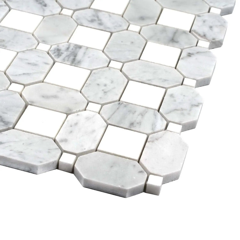 White Gray 12x12 Polished Multi-shaped Thassos Bianco Carrara Marble Mosaic Tile (5 pack, 5.17 sq ft/case) by Apollo Tile
