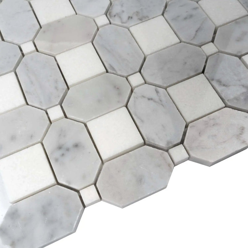 White Gray 12x12 Polished Multi-shaped Thassos Bianco Carrara Marble Mosaic Tile (5 pack, 5.17 sq ft/case) by Apollo Tile
