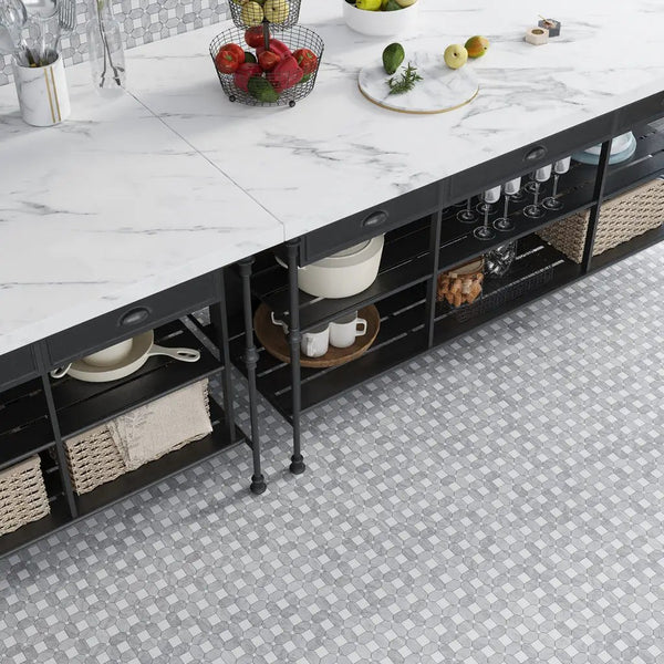 White Gray 12x12 Polished Multi-shaped Thassos Bianco Carrara Marble Mosaic Tile (5 pack, 5.17 sq ft/case), photo 2 of 9