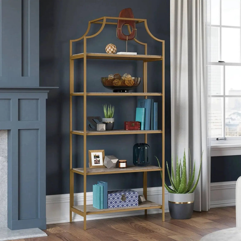 Gold Metal Display Rack Etagere Bookcase with 5 Faux Stone Storage Shelves by HomePacific