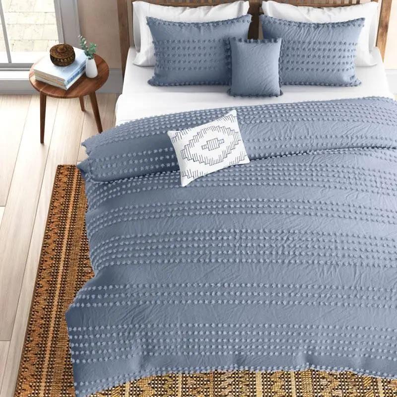 Full/Queen size 5-Piece 100-Percent Cotton Clip Dot Comforter Set in Denim Blue by HomePacific