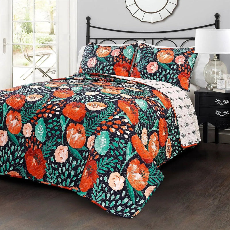 Full/Queen Floral Red Poppy Navy Teal Lightweight 3 Piece Cotton Quilt Set by HomePacific