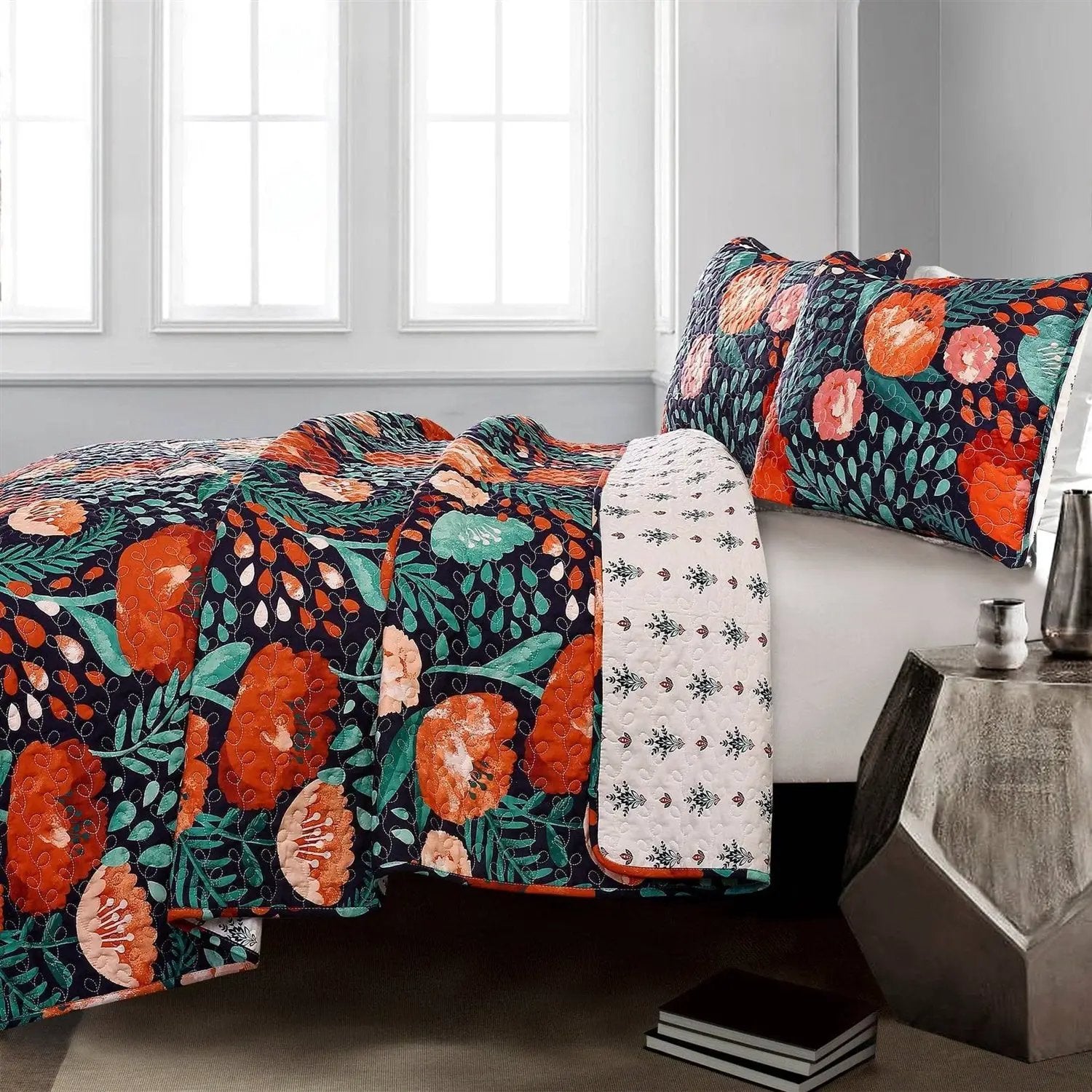 Full/Queen Floral Red Poppy Navy Teal Lightweight 3 Piece Cotton Quilt Set by HomePacific