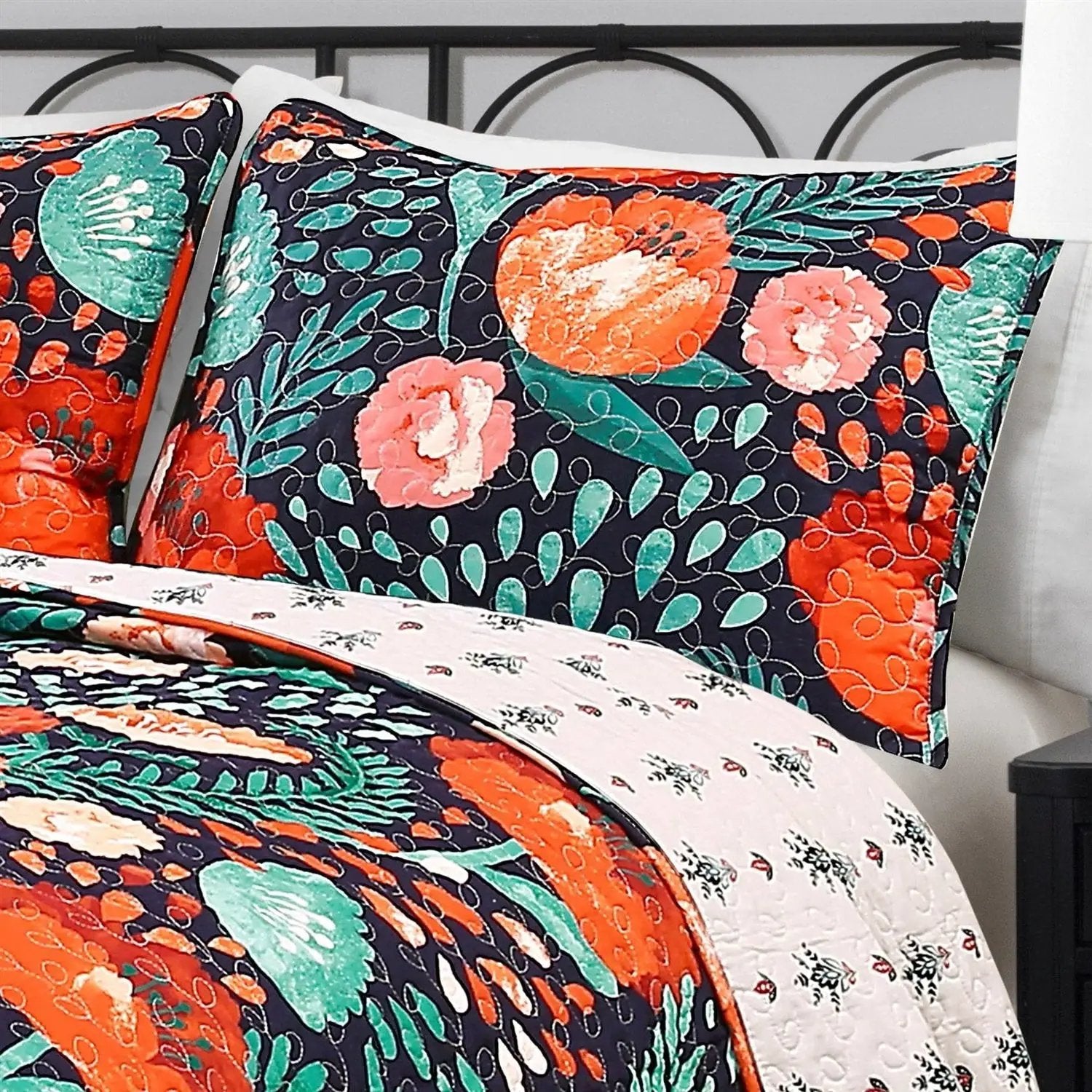 Full/Queen Floral Red Poppy Navy Teal Lightweight 3 Piece Cotton Quilt Set by HomePacific