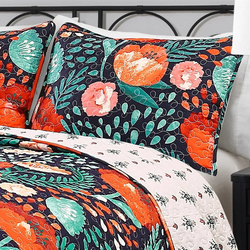Full/Queen Floral Red Poppy Navy Teal Lightweight 3 Piece Cotton Quilt Set by HomePacific