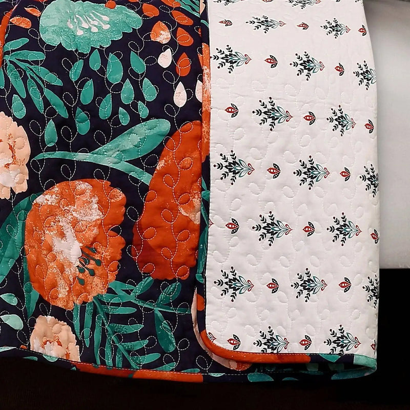 Full/Queen Floral Red Poppy Navy Teal Lightweight 3 Piece Cotton Quilt Set by HomePacific