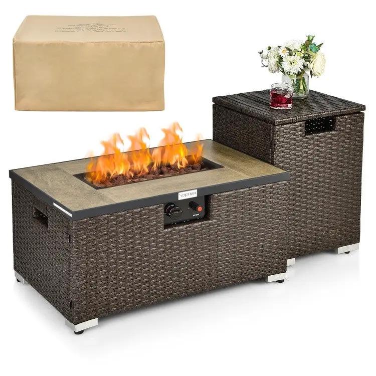 Outdoor Propane Fire Pit with Side Table Tank Holder in Brown PE Rattan by HomePacific