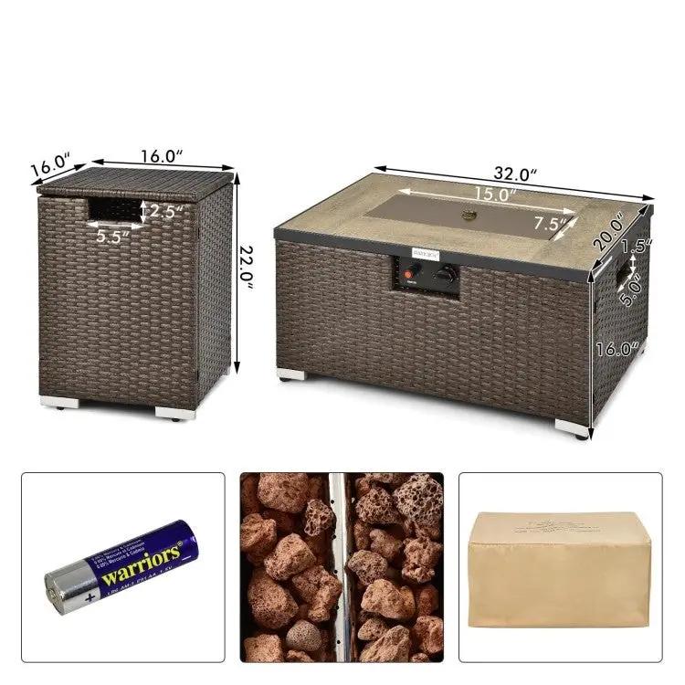 Outdoor Propane Fire Pit with Side Table Tank Holder in Brown PE Rattan by HomePacific