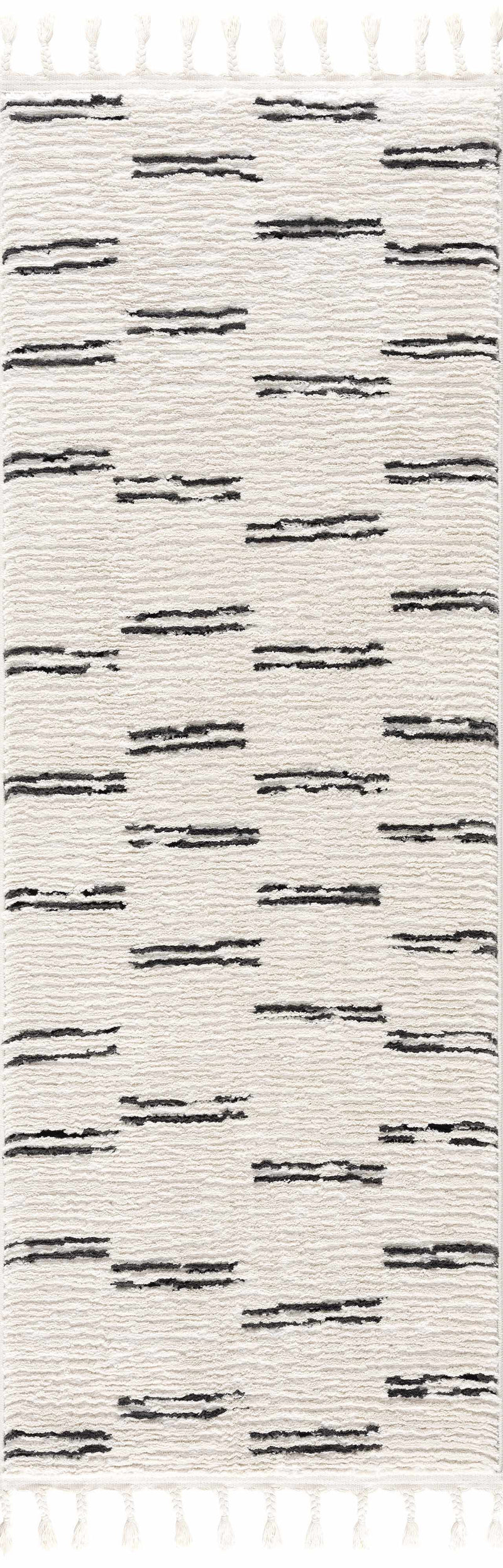 Riad Black Striped White Rug with Tassels by Boutique Rugs