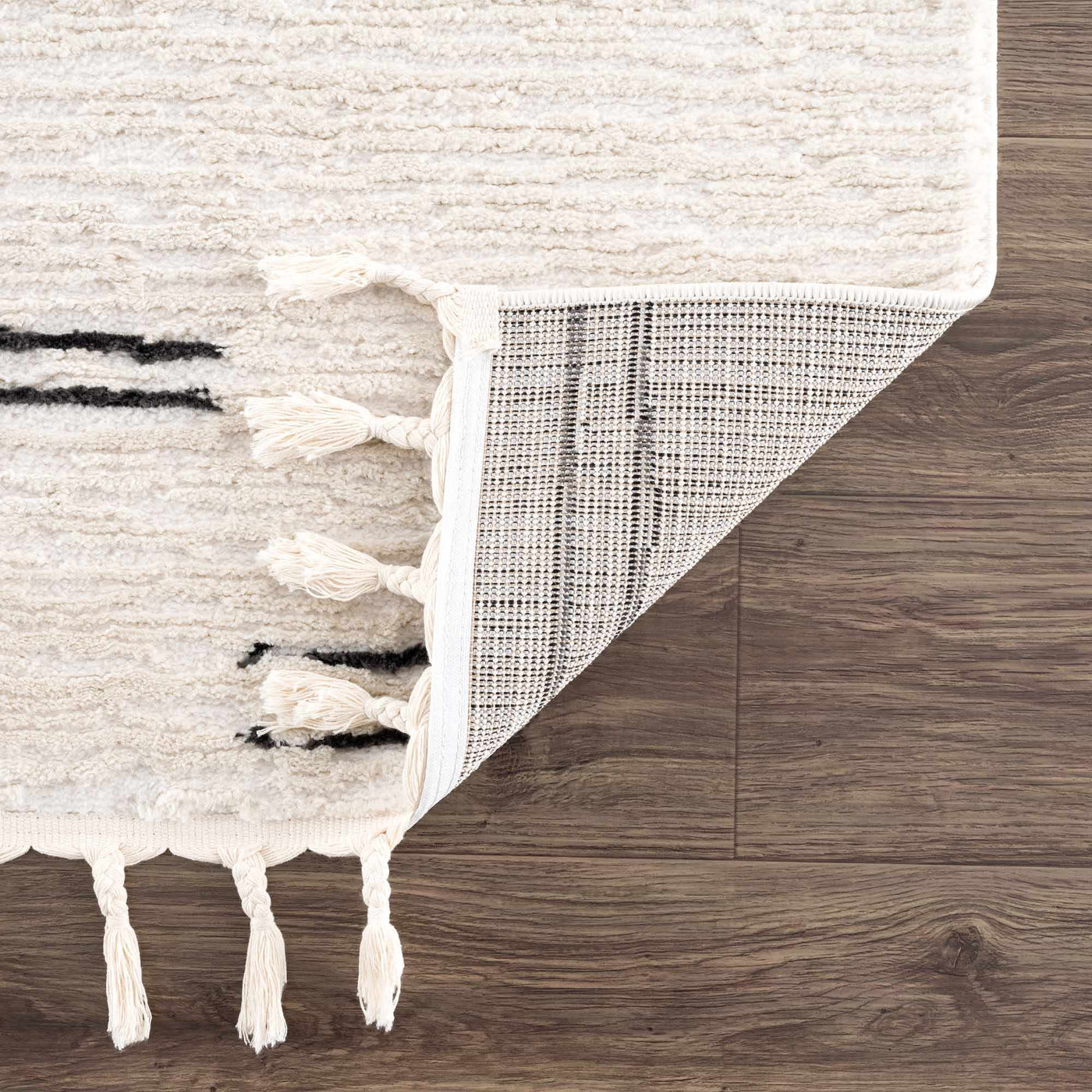 Riad Black Striped White Rug with Tassels by Boutique Rugs