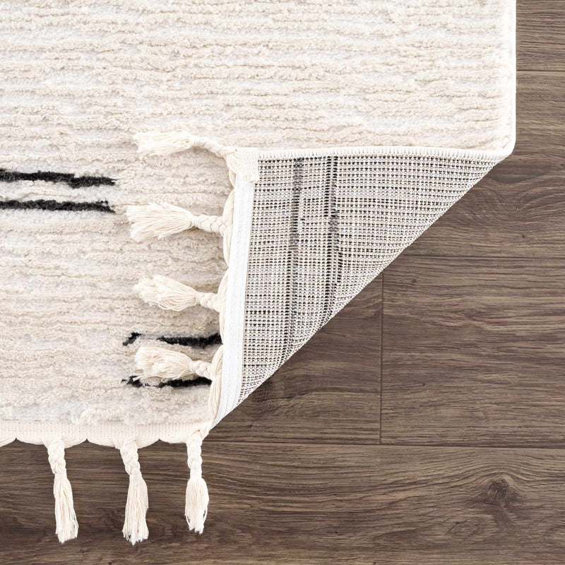 Riad Black Striped White Rug with Tassels by Boutique Rugs