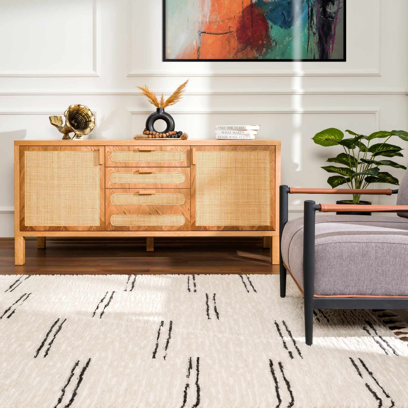 Riad Black Striped White Rug with Tassels by Boutique Rugs