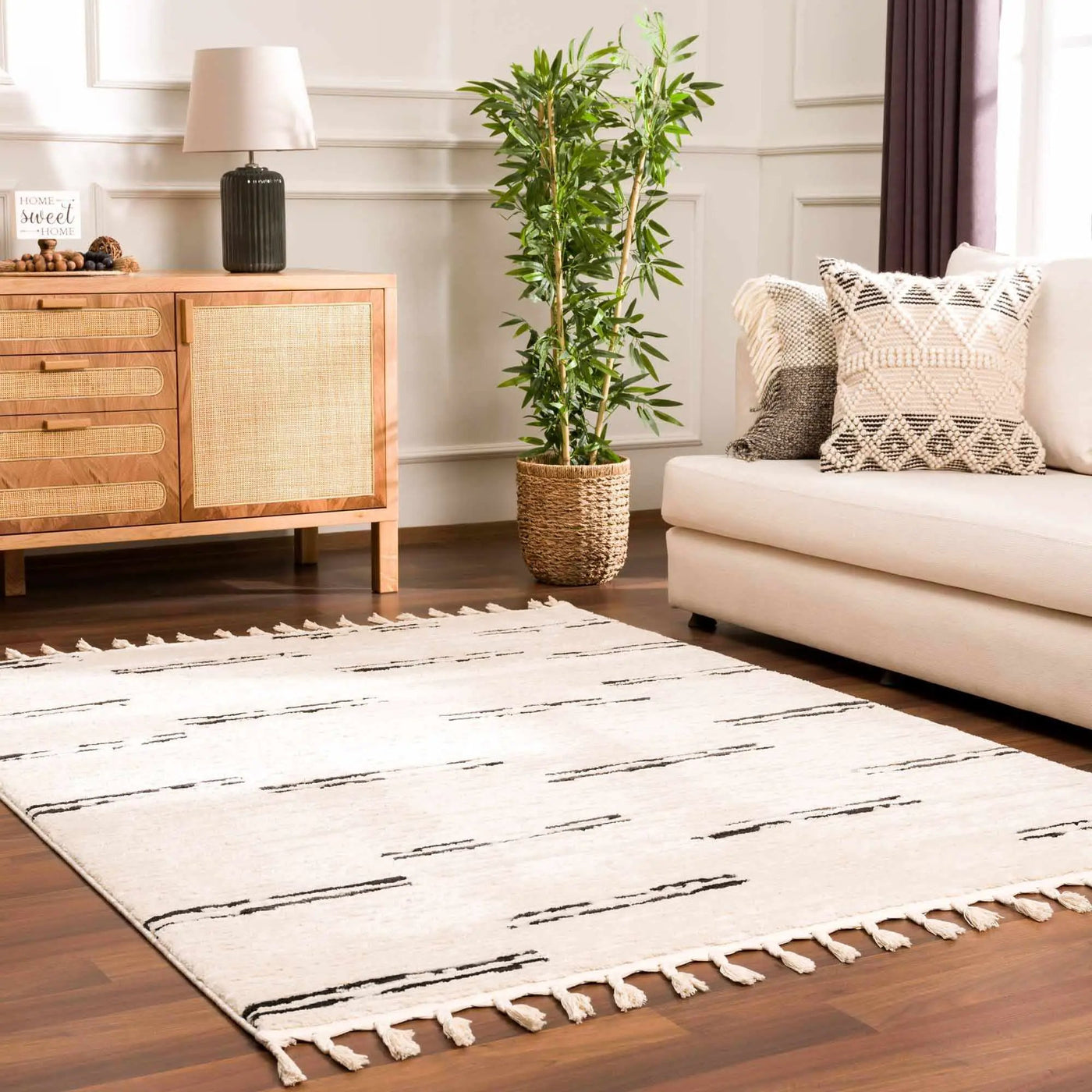 Riad Black Striped White Rug with Tassels by Boutique Rugs