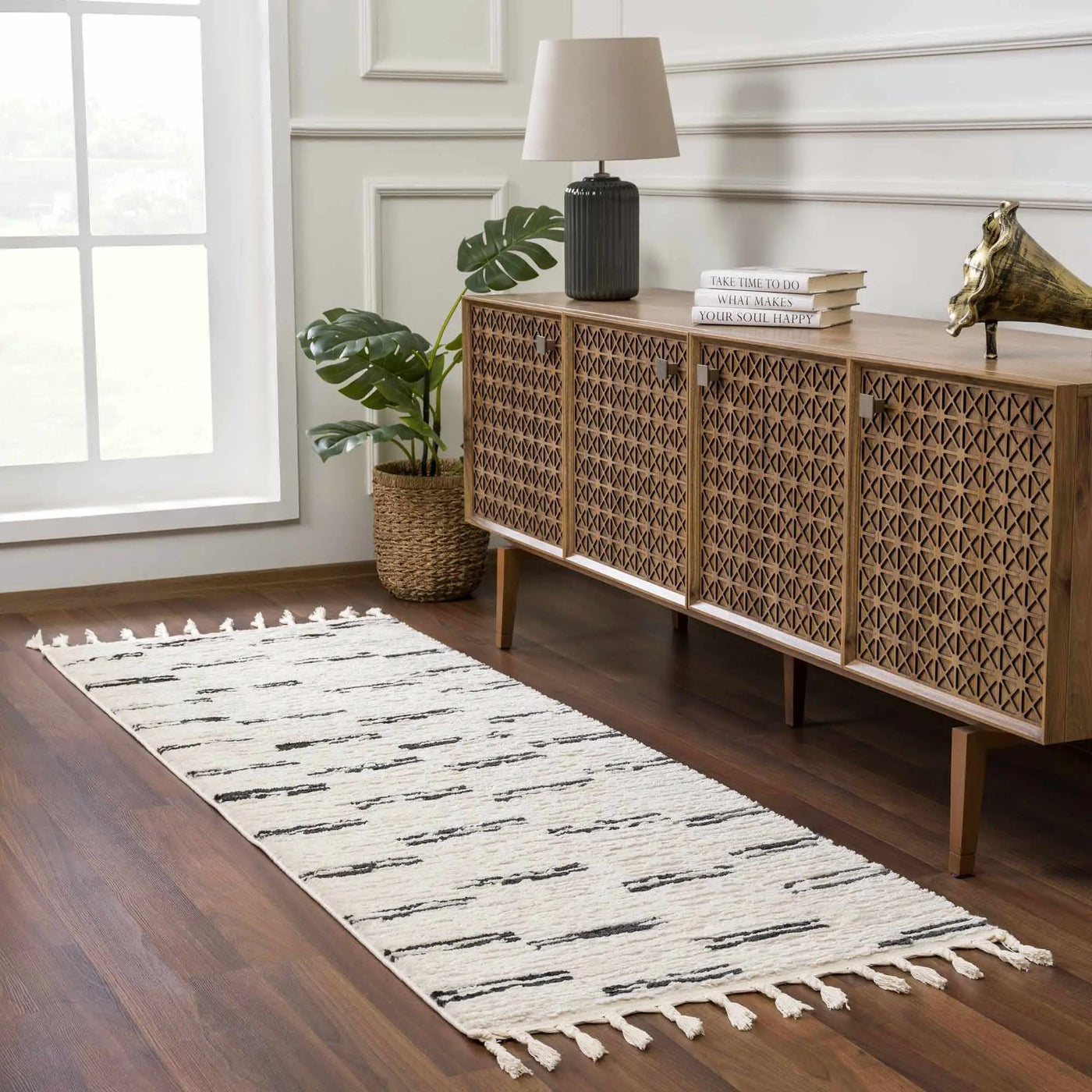 Riad Black Striped White Rug with Tassels by Boutique Rugs