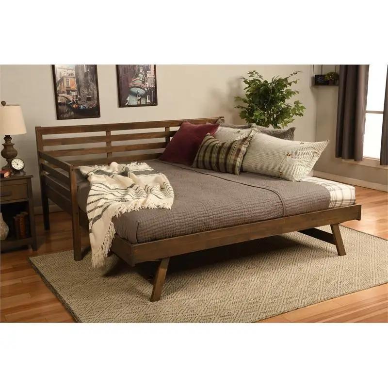 Solid Wood Daybed Frame with Twin Pop-Up Trundle Bed in Walnut Finish by HomePacific