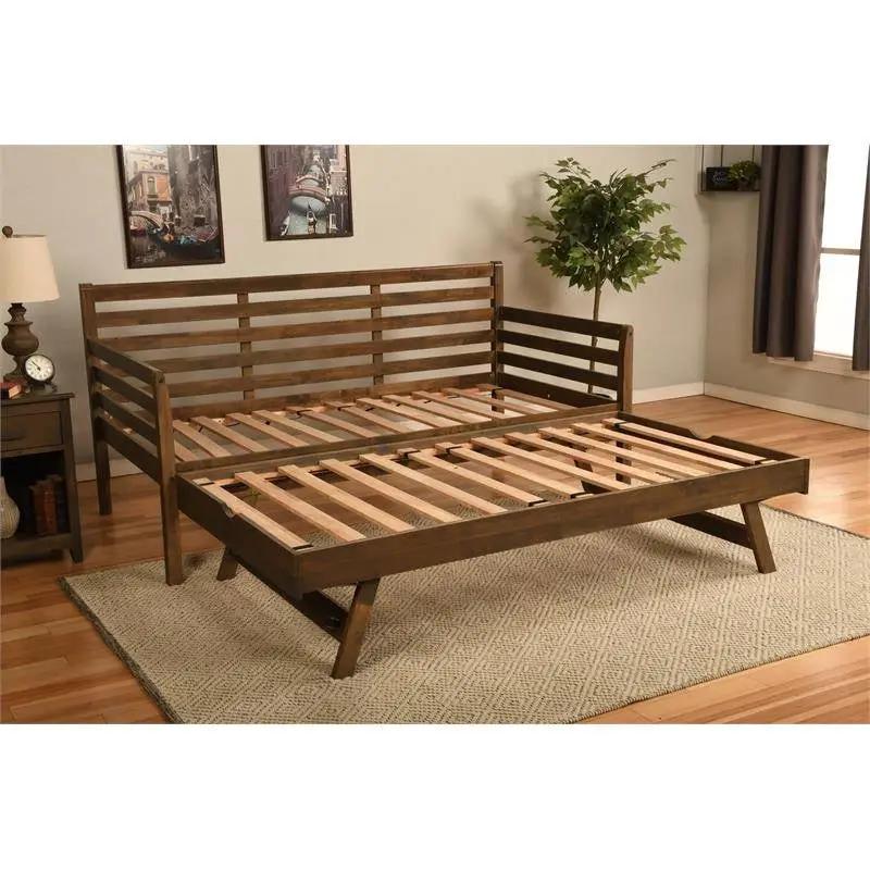 Solid Wood Daybed Frame with Twin Pop-Up Trundle Bed in Walnut Finish by HomePacific