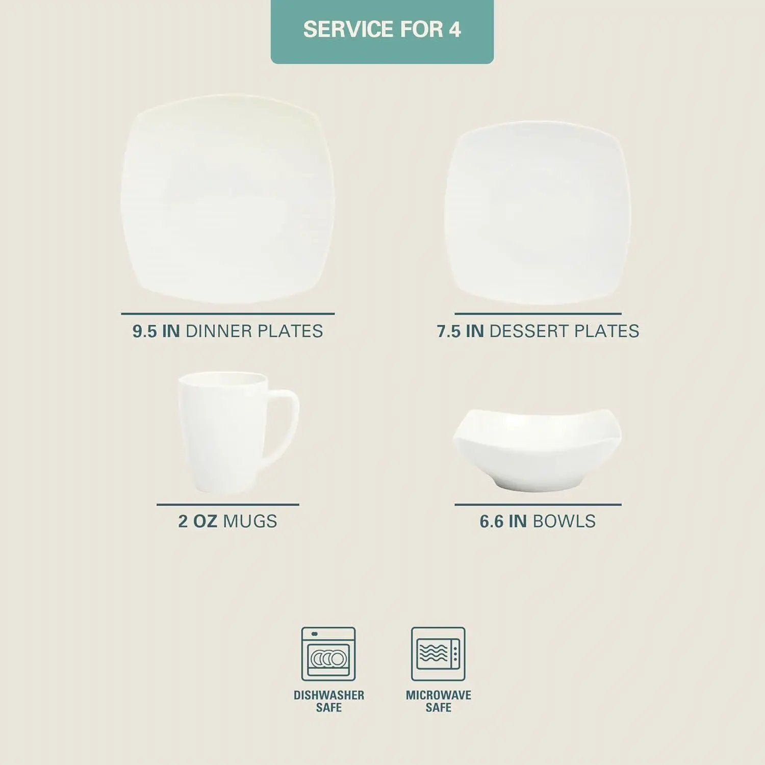 16 Pieces - White Square Porcelain Dinnerware Set - Service for 4 by HomePacific