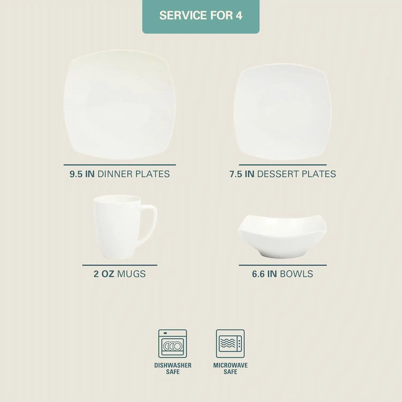 16 Pieces - White Square Porcelain Dinnerware Set - Service for 4 by HomePacific