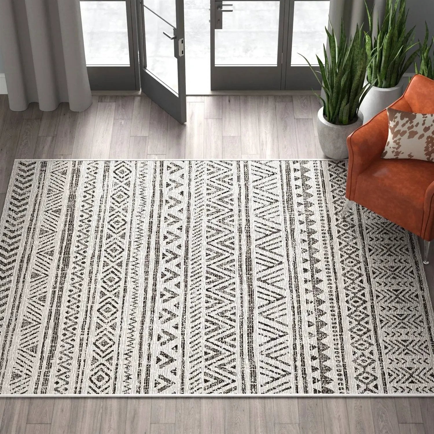 5 ft. x 8 ft. Black Off-White Chevron Coastal Boho Style Indoor Outdoor Area Rug by HomePacific