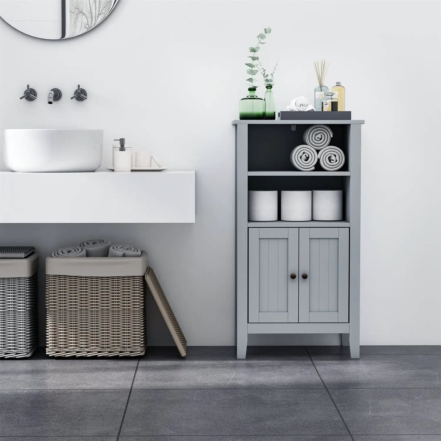 Gray 2 Tier Shelf Hidden Storage Bathroom Floor Cabinet by HomePacific