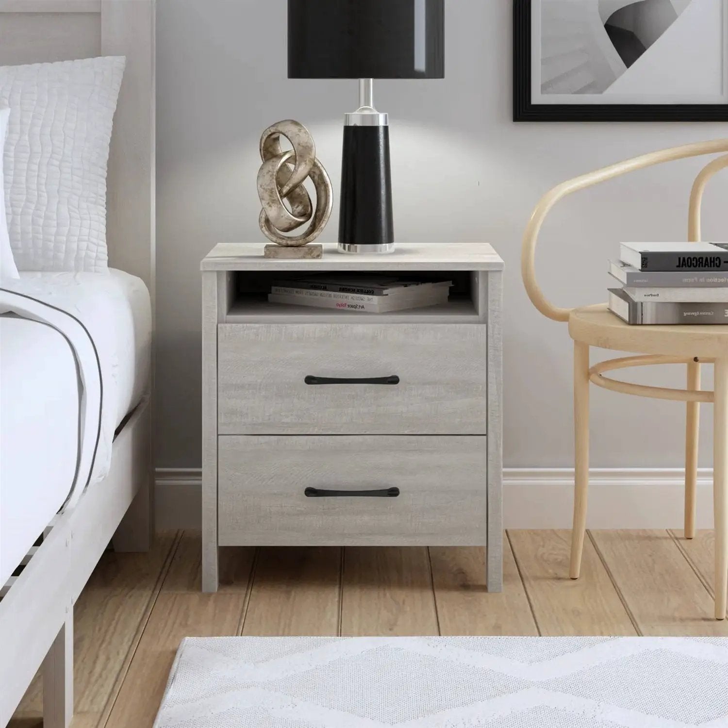 Modern Farmhouse Bedroom 2-Drawer Bedside Table Nightstand in Grey Wood Finish by HomePacific