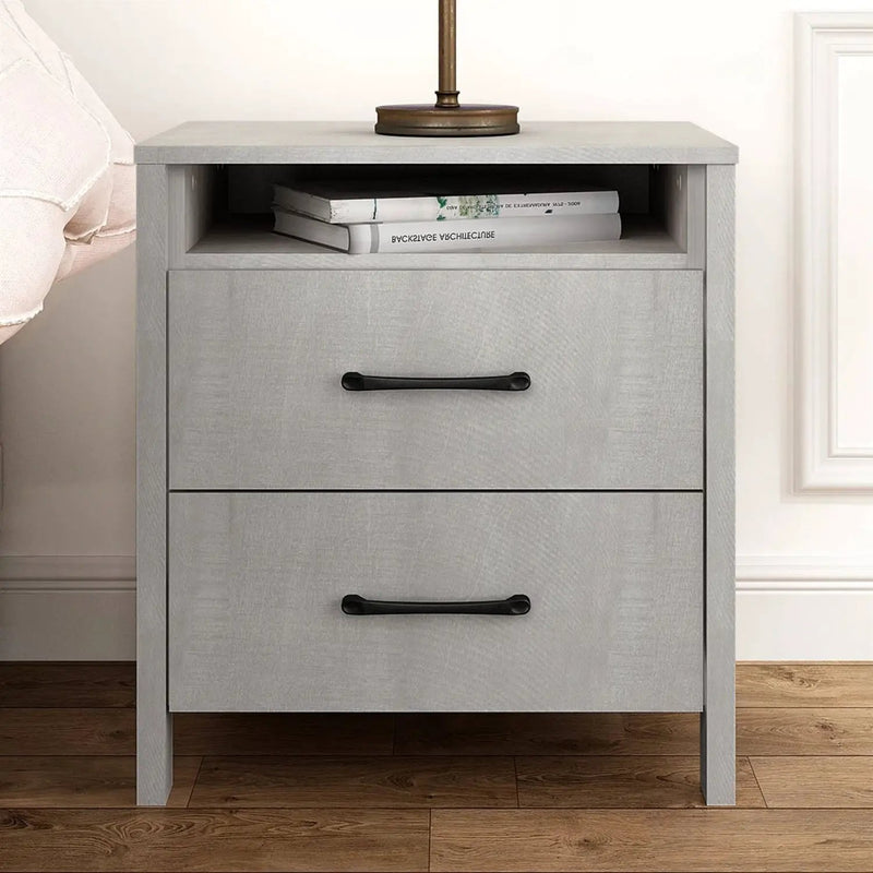 Modern Farmhouse Bedroom 2-Drawer Bedside Table Nightstand in Grey Wood Finish by HomePacific