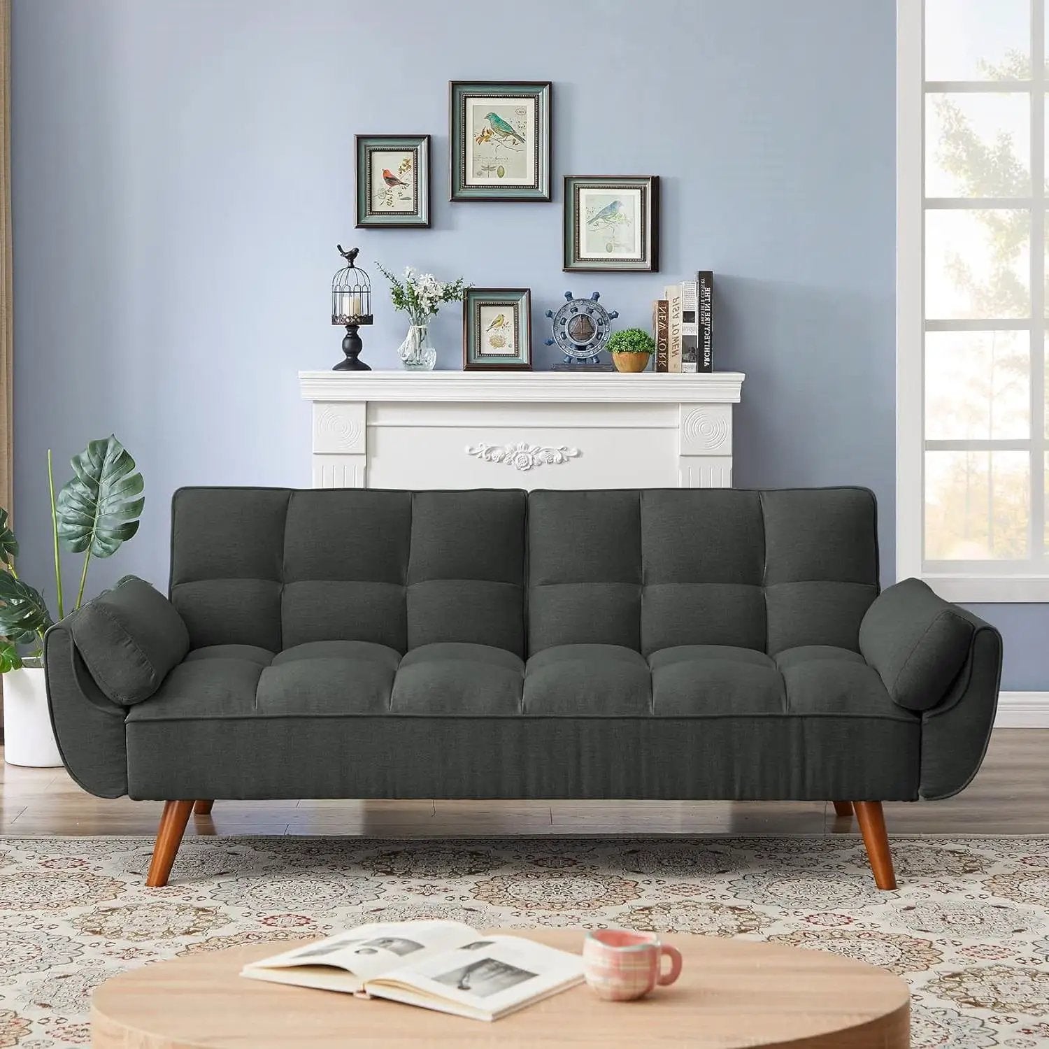 Mid-Century Modern Sofa Bed in Dark Grey Linen Polyester Tufted Upholstery by HomePacific
