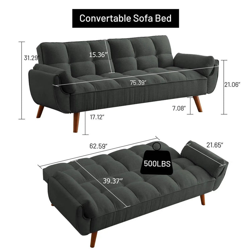 Mid-Century Modern Sofa Bed in Dark Grey Linen Polyester Tufted Upholstery by HomePacific