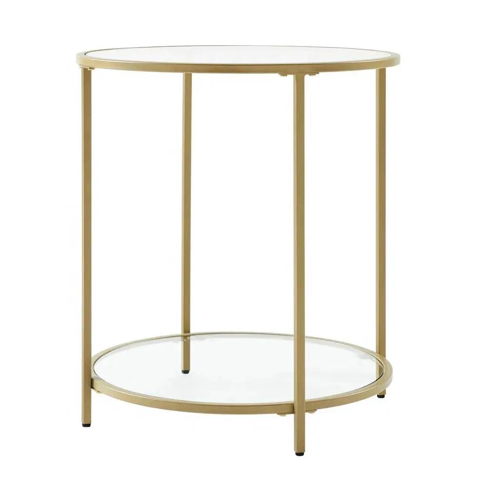 Modern Glass Top Round Metal End Table Nightstand with Bottom Shelf in Gold by HomePacific