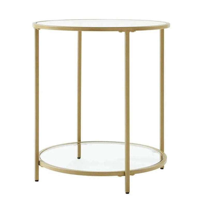 Modern Glass Top Round Metal End Table Nightstand with Bottom Shelf in Gold by HomePacific
