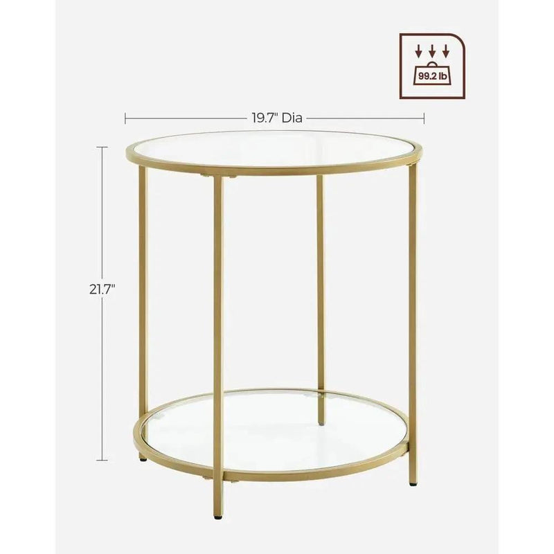 Modern Glass Top Round Metal End Table Nightstand with Bottom Shelf in Gold by HomePacific