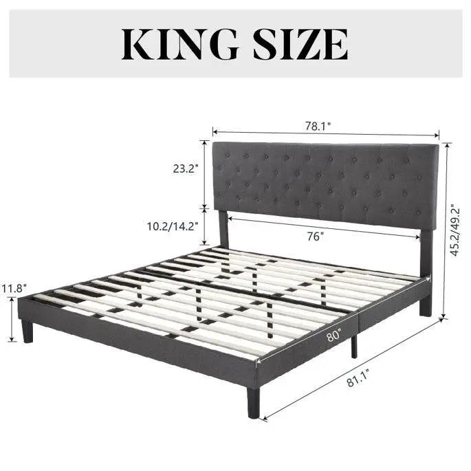 King Size Adjustable Height Grey Linen Tufted Low Profile Platform Bed by HomePacific