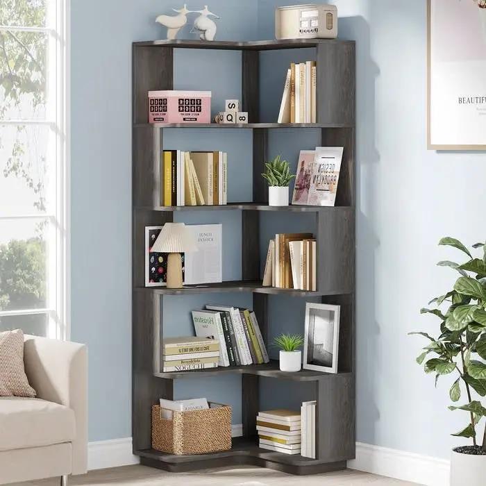 Multifunctional 6 Shelf Corner L-Shaped Bookcase in Dark Grey Wood Finish by HomePacific